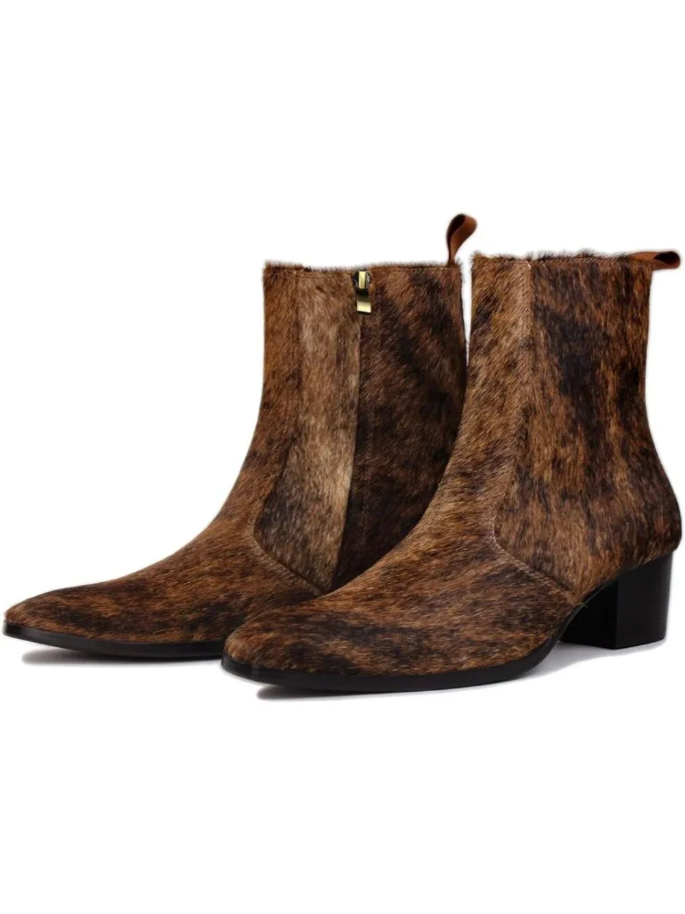 🆕Men Brown Chelsea Ankle Boots Leather Pony Hair Chukka Boot with Side Zipper